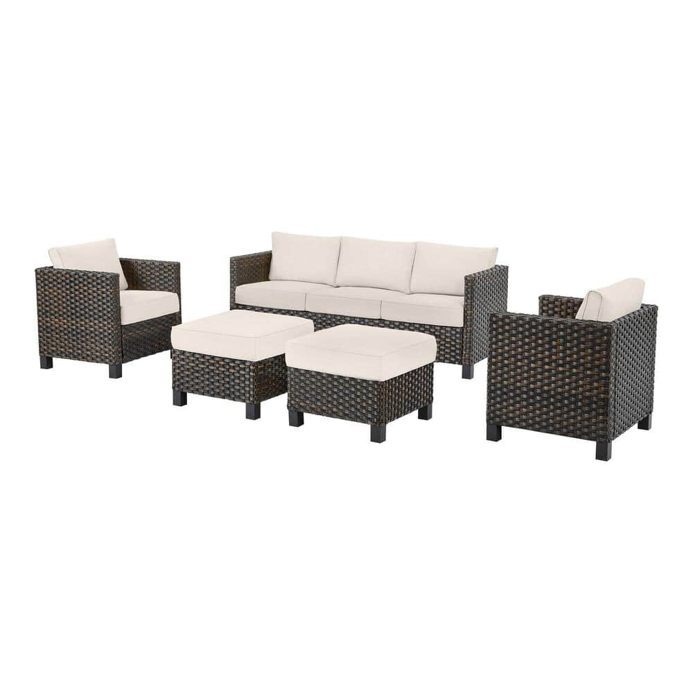 StyleWell Sharon Hill 5-Piece Wicker Patio Conversation with Almond Biscotti Cushions DE228565758