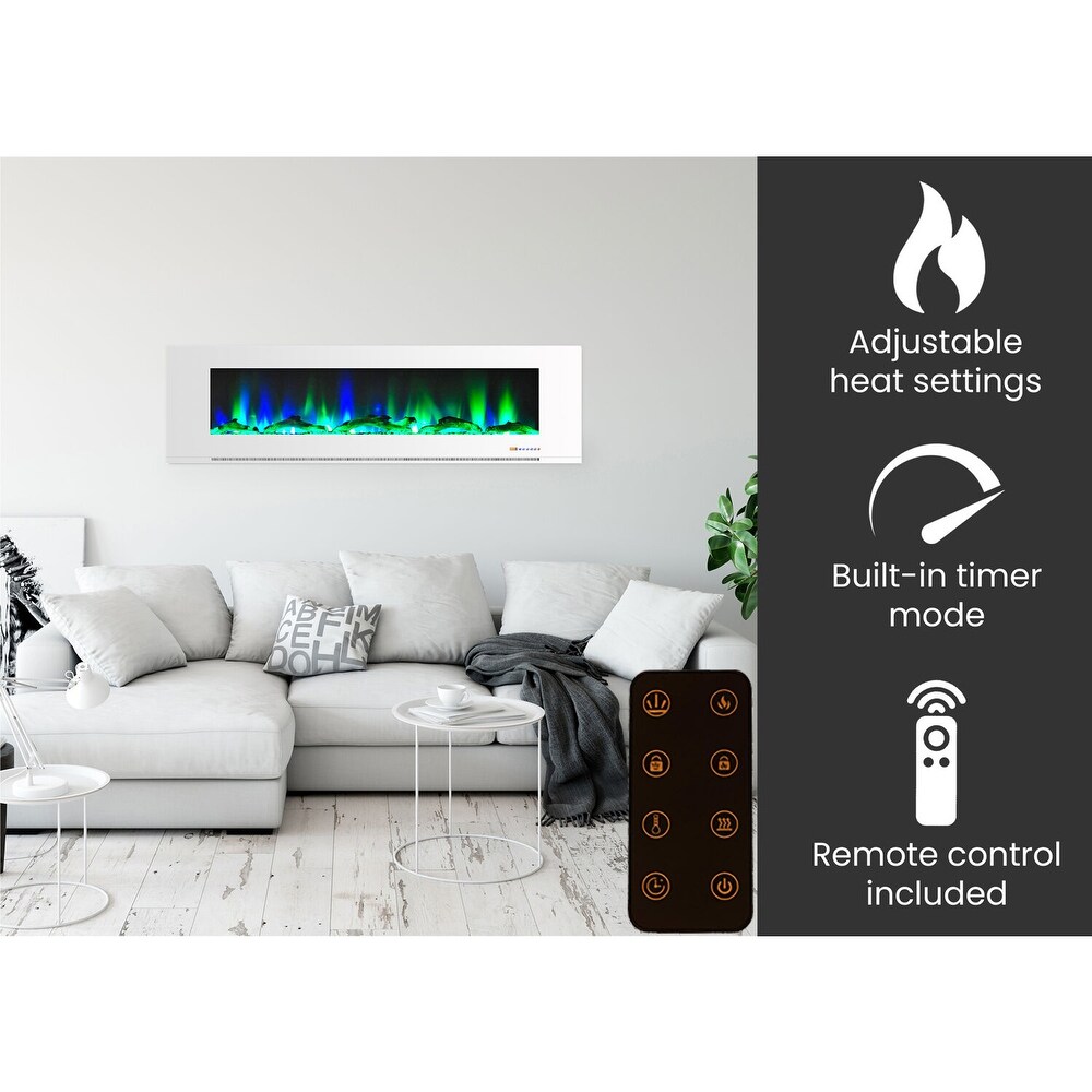 Hanover 72 In. Wall Mount Electric Fireplace in White with Multi Color Flames and Driftwood Log Display