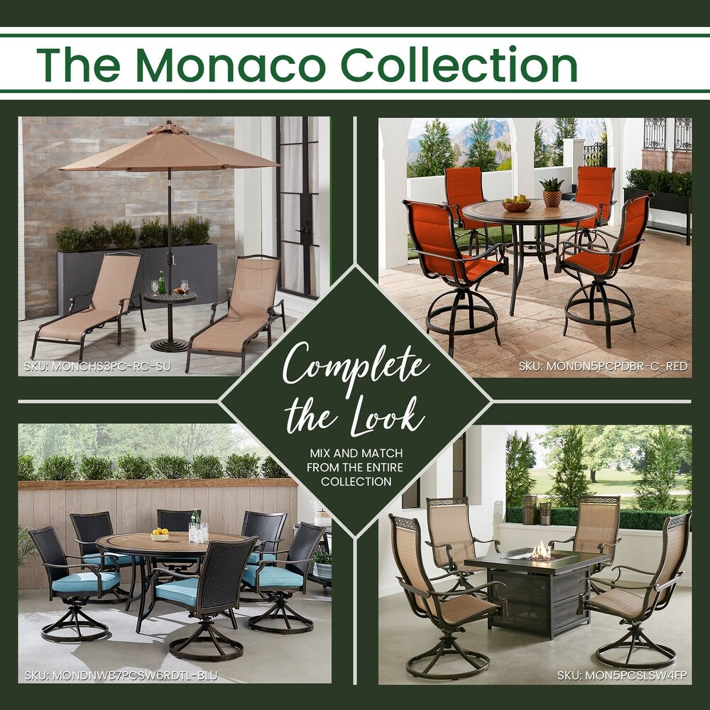 Hanover Monaco 7 Piece High Dining Set in Sunset w/6 Padded Counter Height Swivel Chairs and a 56 In. Tile Top Table