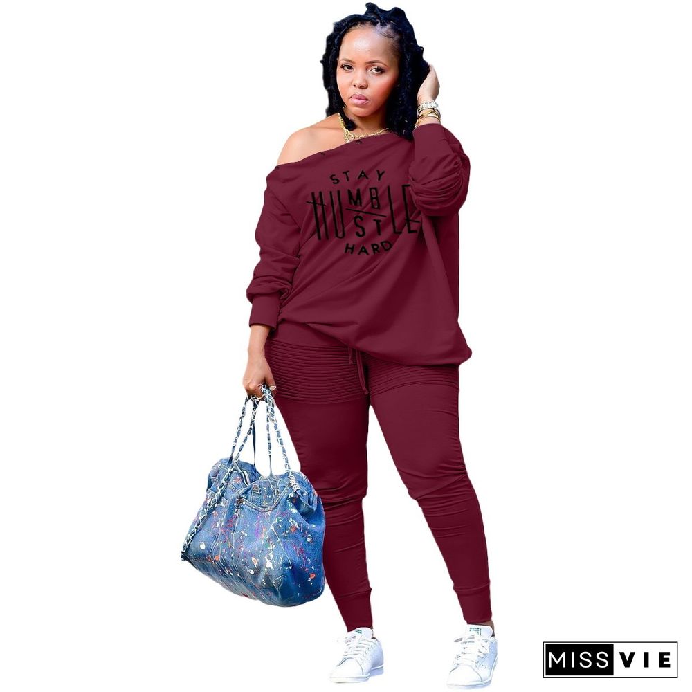 Plus Size Letter Print Off Shoulder T Shirt Pants Set