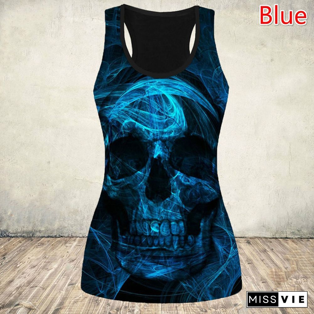 Women's Fashion 3D Skull Print Hollow Out Tank Top Summer Sleeveless Graphic Punk Shirt Slim Fit Cotton Gothic Tee Tops Plus Size Vest XS-8XL