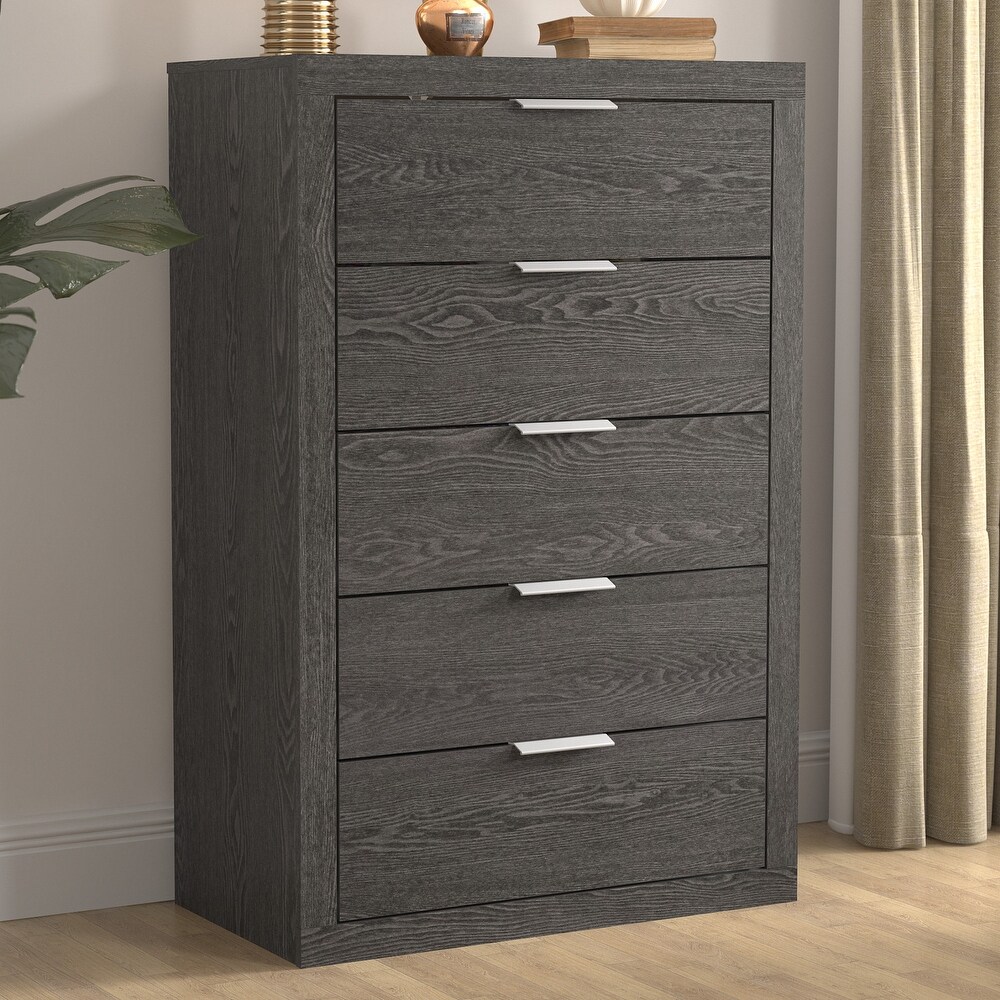 GALANO Harlowin 5 Drawer Dark Gray Oak Chest of Drawers 46.4 in. × 16.2 in. × 30.7 in.