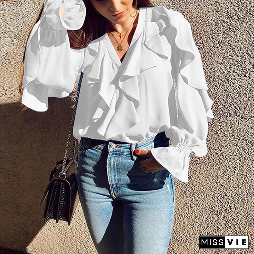 Womens Long Sleeve Shirt Chiffon Blouse Ruffle V Neck Irregular Streetwear Casual Loose Ladies Tops Plus Size S-5XL