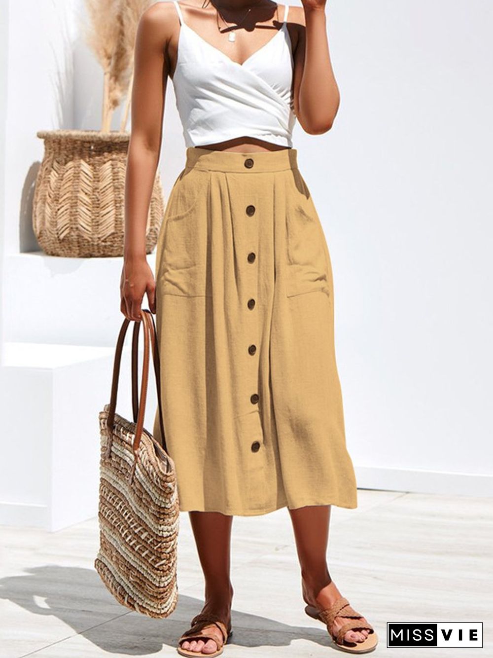 A-Lined Buttons Knee Length Midi Skirt With Pockets