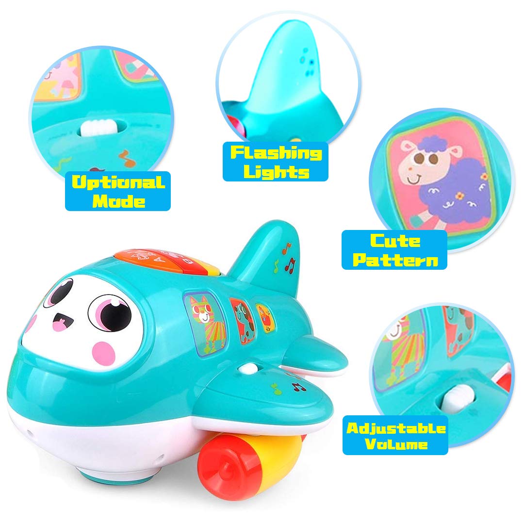 HISTOYE Baby Development Toys， Baby Airplane with Lights and Music， Electronic Moving Toys for 1 2 3 4 Year Old， Musical Toys to Encourage Crawling for Toddlers 6 9 12 18 Month Old