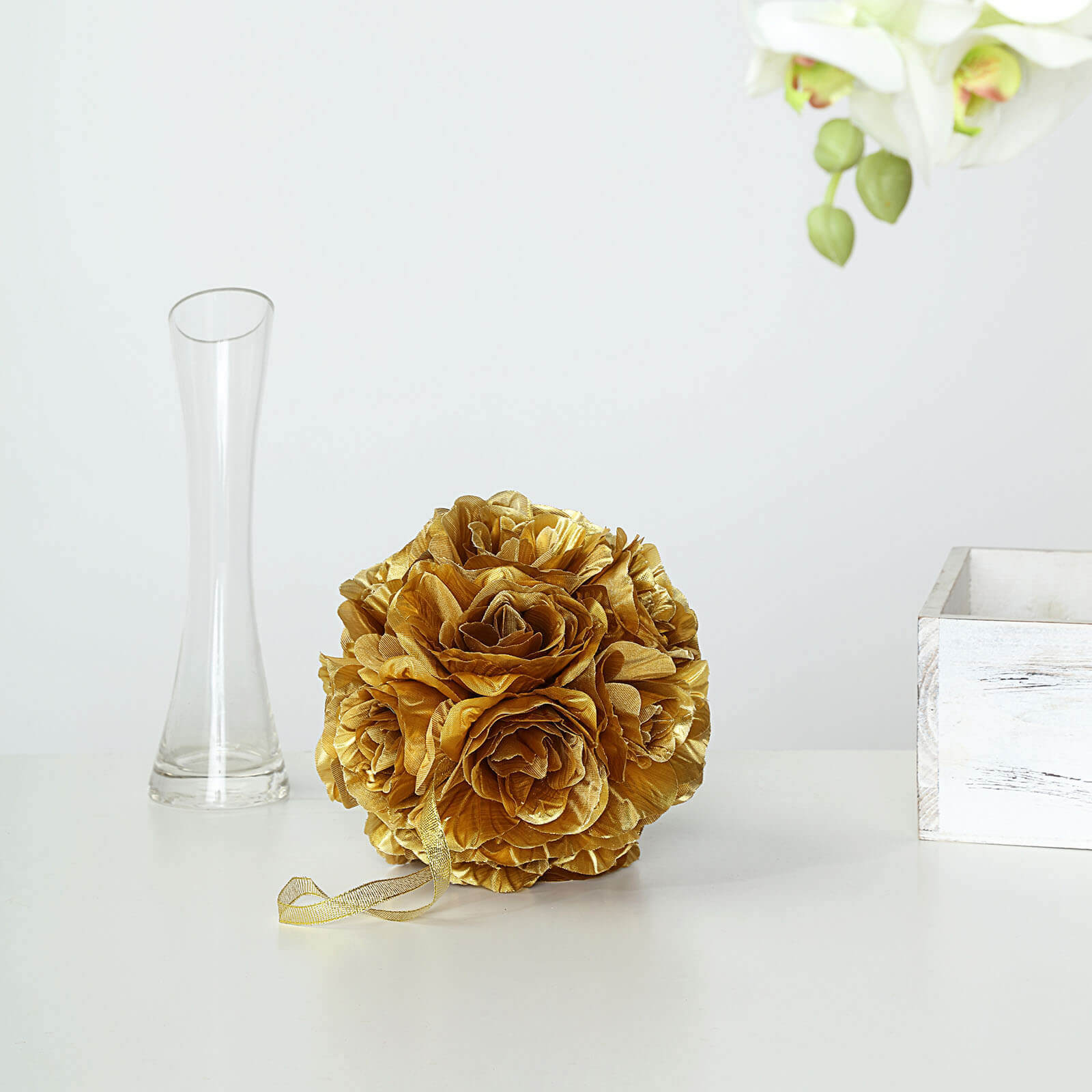 2 Pack Gold Artificial Silk Rose Kissing Ball, Faux Flower Ball 7