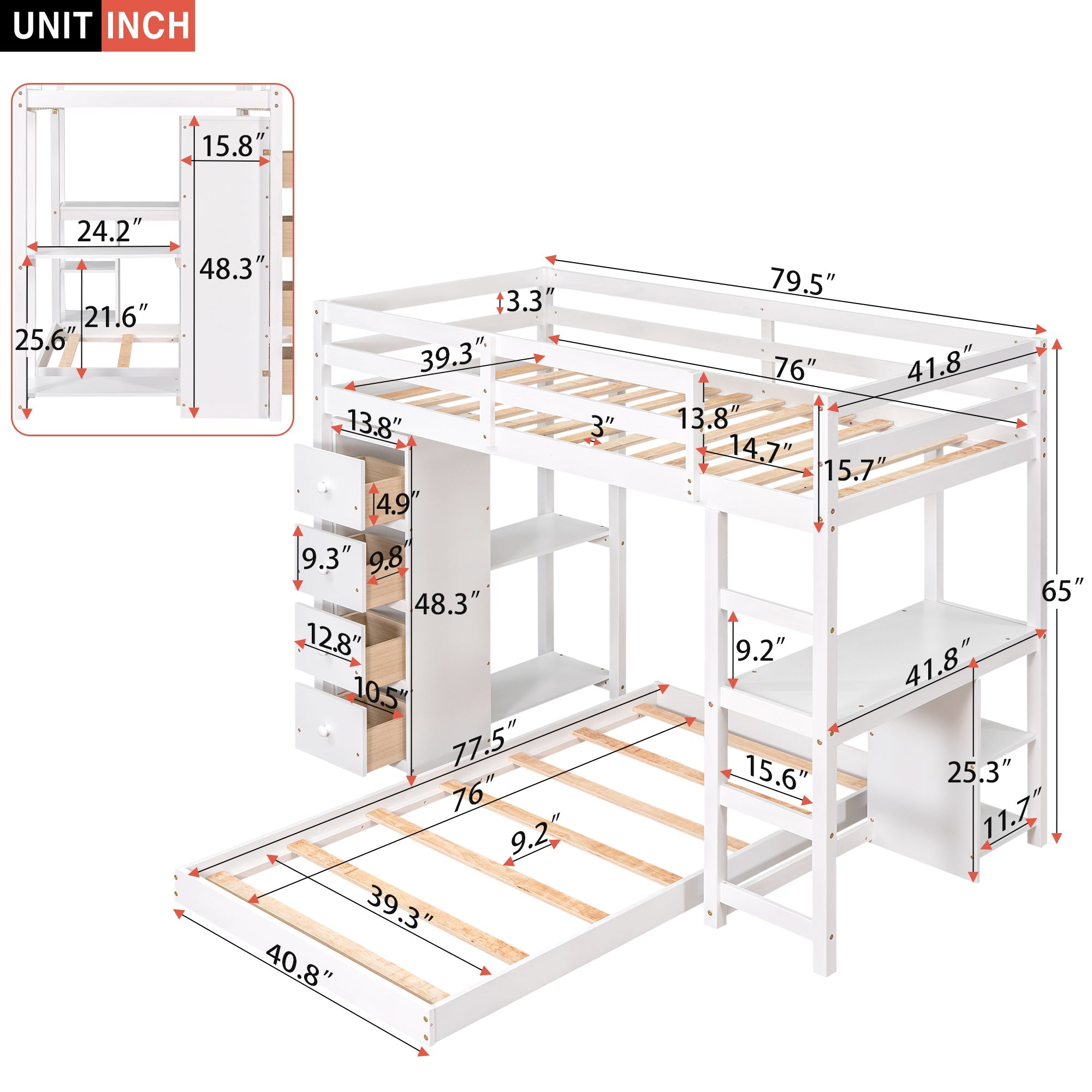 Euroco Twin over Twin Loft Bed with Drawers for Kids, White