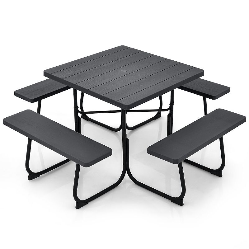 Outdoor Picnic Table With 4 Benches And Umbrella Hole