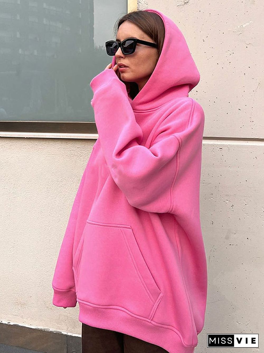 Long Sleeves Loose Pockets Solid Color Velvet Hooded Hoodies Tops