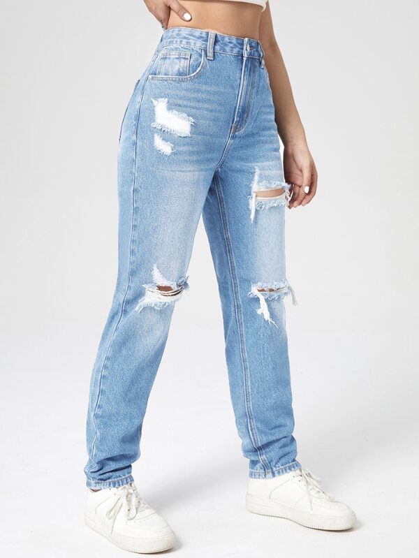 Washed Ripped Mom Jeans