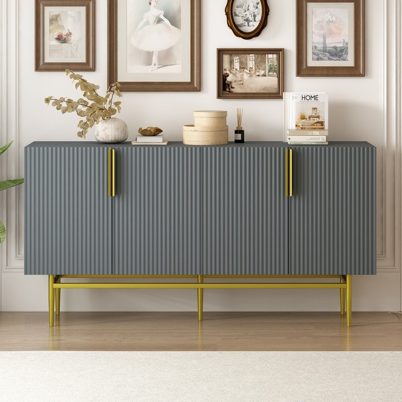 Modern Elegant 4 door Sideboard Gold Metal Handle Buffet Cabinet for Dining Room  Living Room  Bedroom  Hallway (Gray)