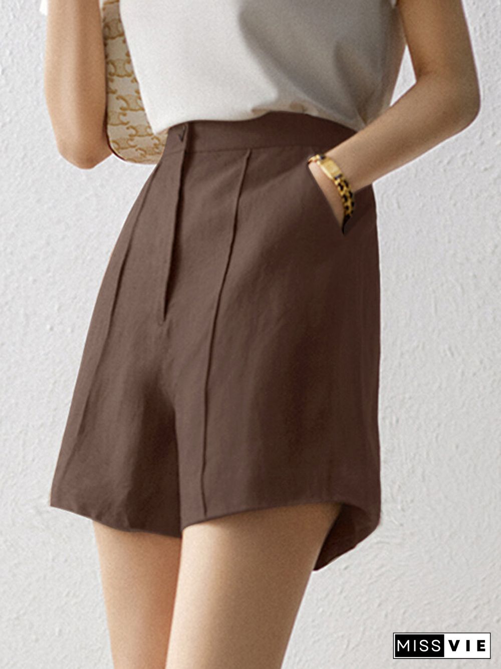 Solid Pocket Button Zip Front Wide Leg Shorts