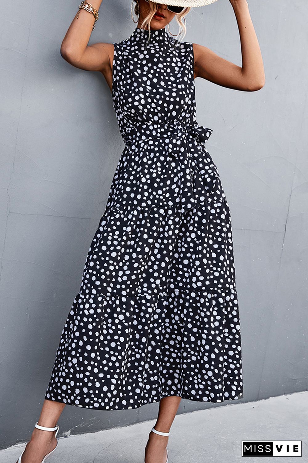 Sleeveless Leopard Printed Long Dress With Belt Wholesale