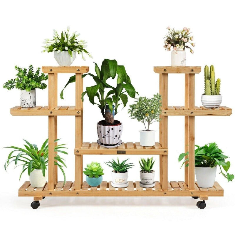 4 Tier Wood Plant Stand Rolling Flower Rack with 4 Wheels