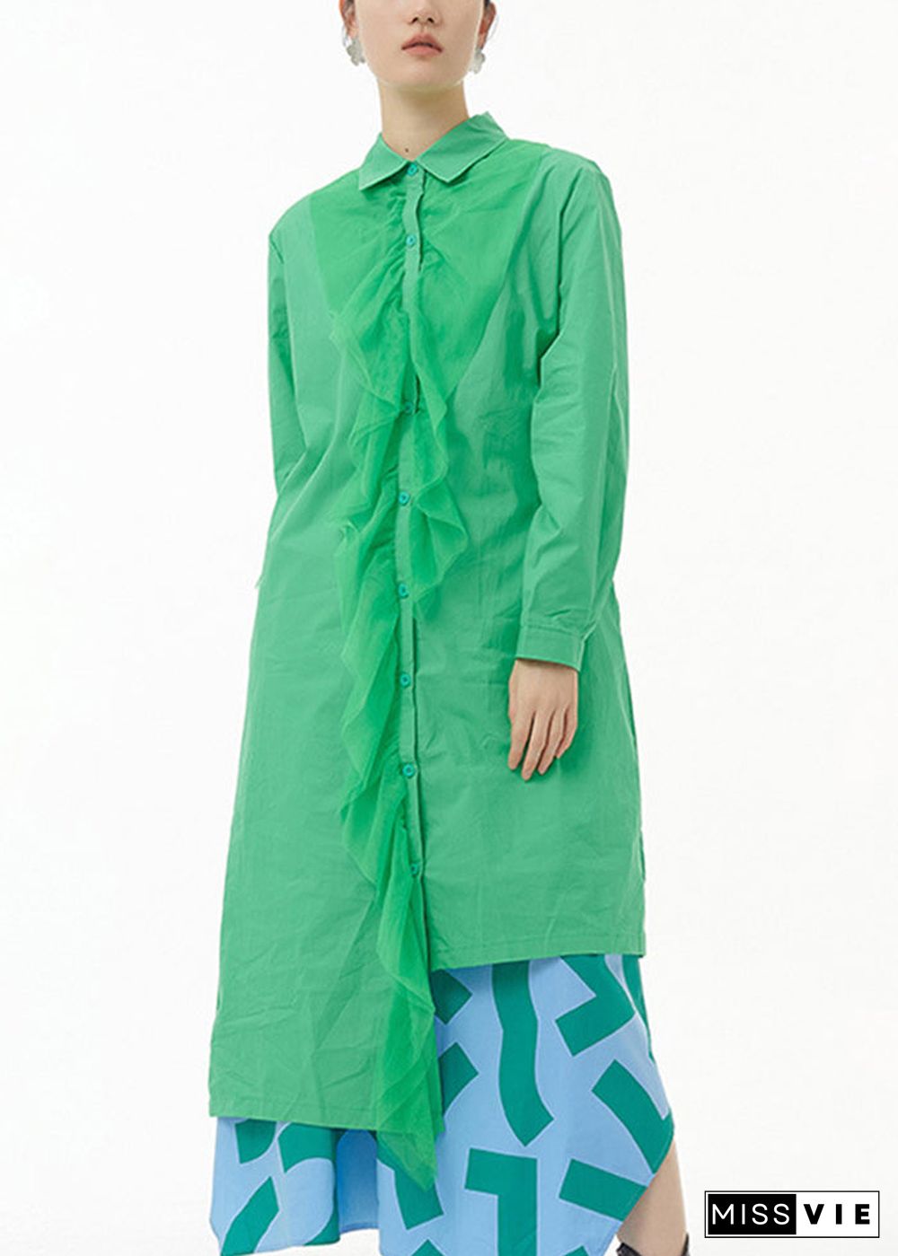 Chic Green Asymmetrical Tulle Patchwork Ruffles Cotton Shirt Dress Spring