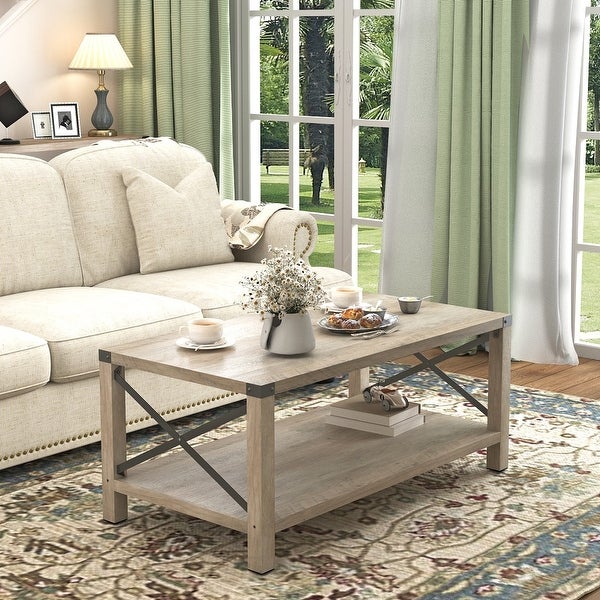 2-Tier Wooden Farmhouse Coffee Table with Metal X- Frame