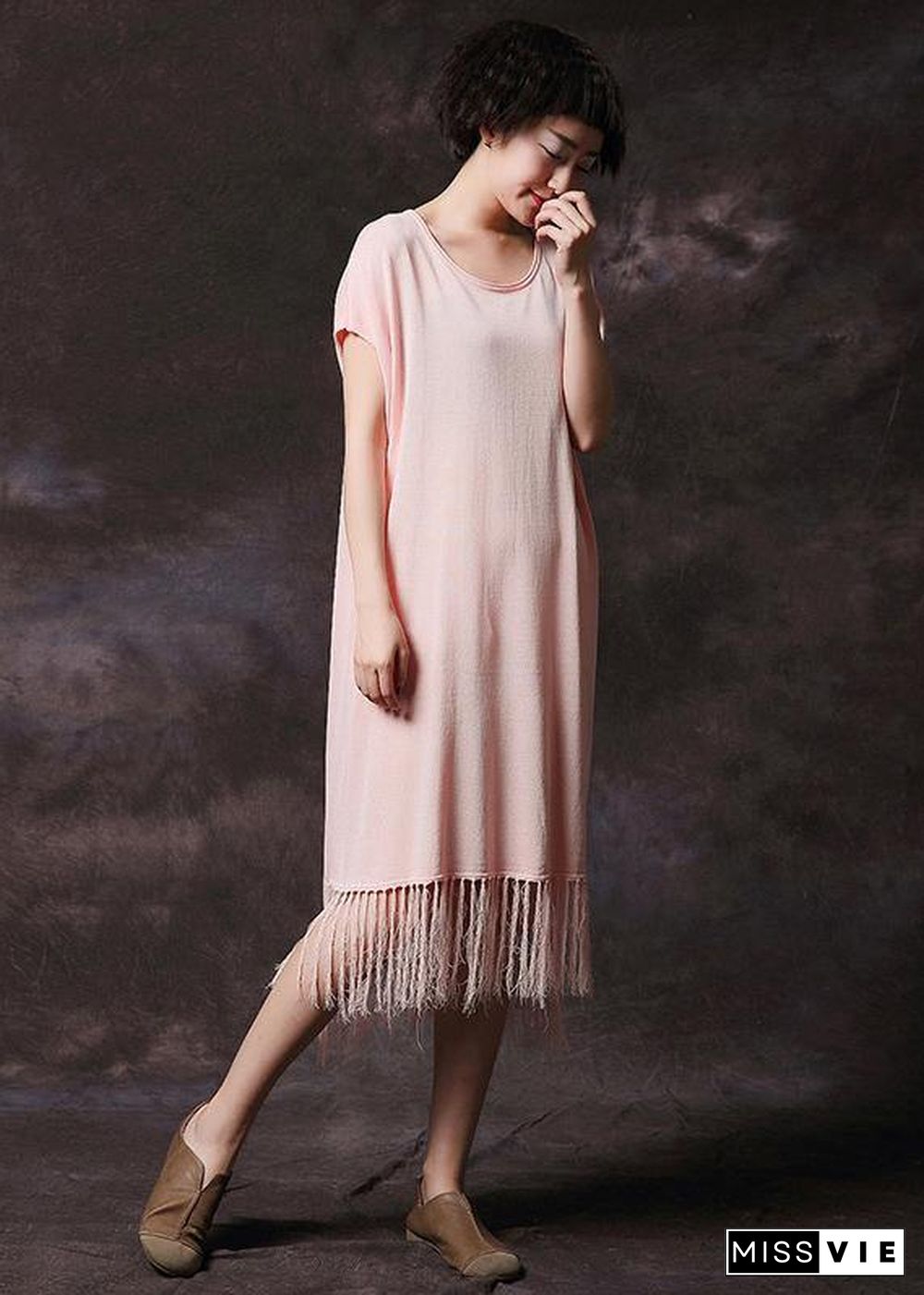 Simple pink tassel cotton Long Shirts o neck loose summer Dress