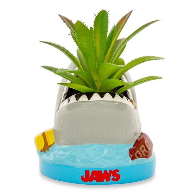 Silver Buffalo Jaws Shark 4 inch Ceramic Mini Planter With Artificial Succulent