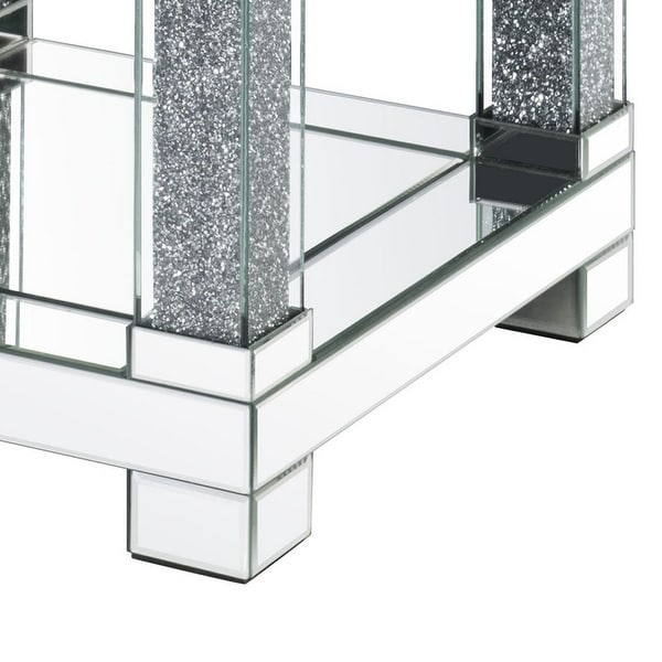 End Table with Faux Gemstone Accents and Mirrored Open Bottom Shelf， Silver