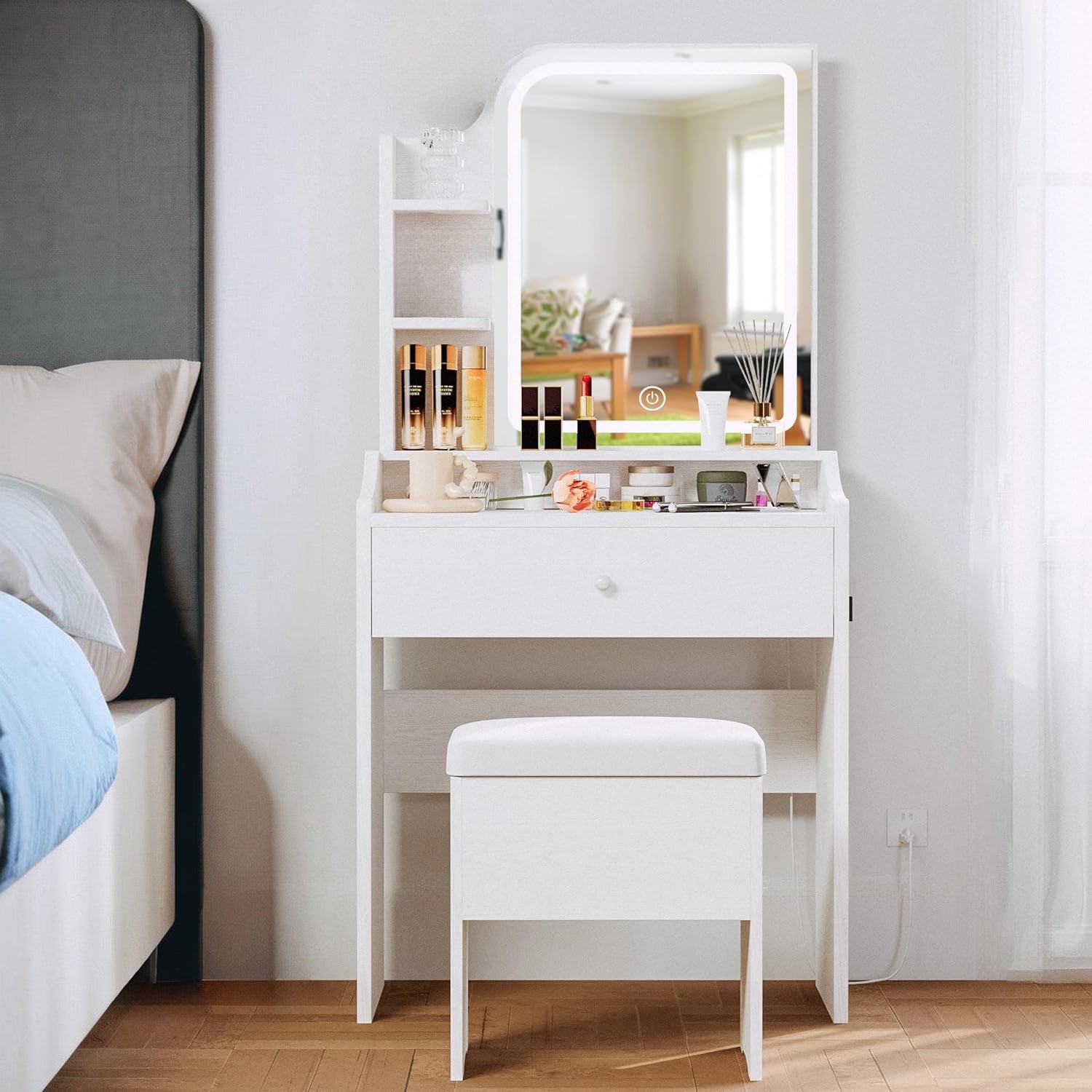 Makeup Vanity Desk with Upholstered Storage Stool Vanity Table Set with 1 Drawer, 3 Shelves, LED Light and USB Port