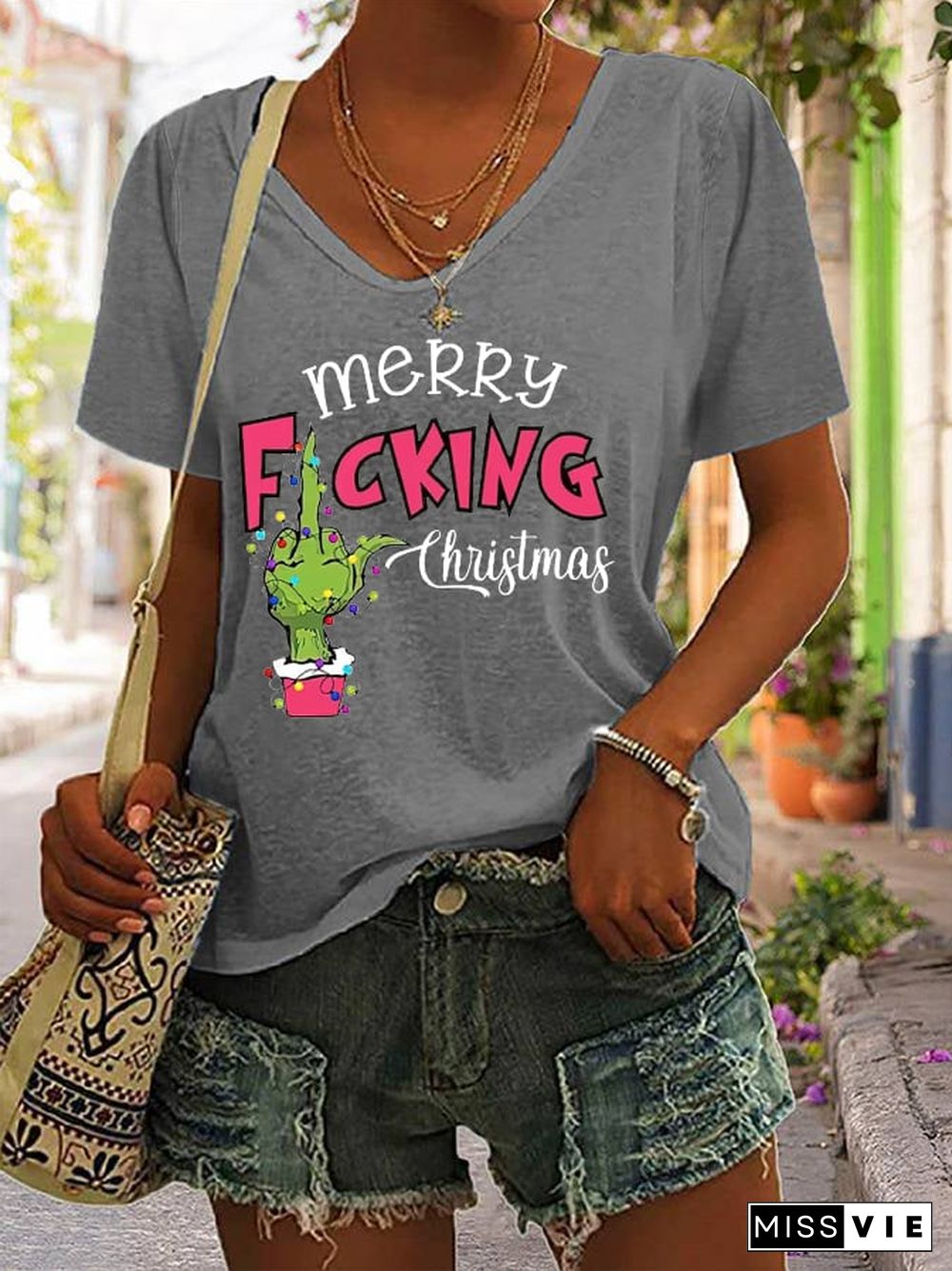 Women's Funny Merry F*cking Christmas Casual V-Neck Tee