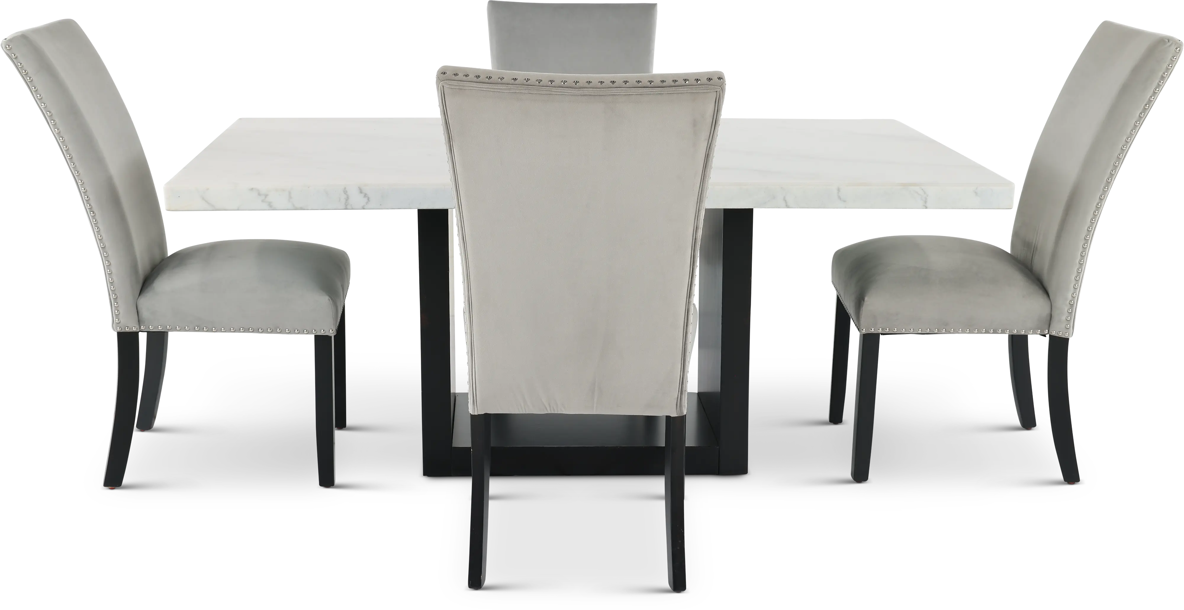 Valentino Marble 5 Piece Dining Room Set with Gray Velvet Chairs