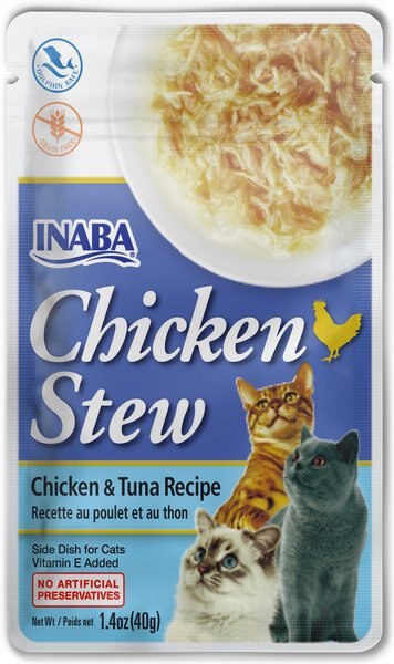 Inaba Chicken Stew Chicken and Tuna Recipe Grain-Free Cat Food Topper， 1.4-oz pouch