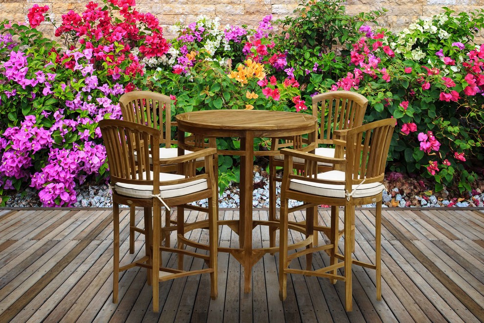 5 Piece Teak Wood Orleans Bar Table/Chair Set With Cushions   Transitional   Outdoor Pub And Bistro Sets   by Chic Teak  Houzz