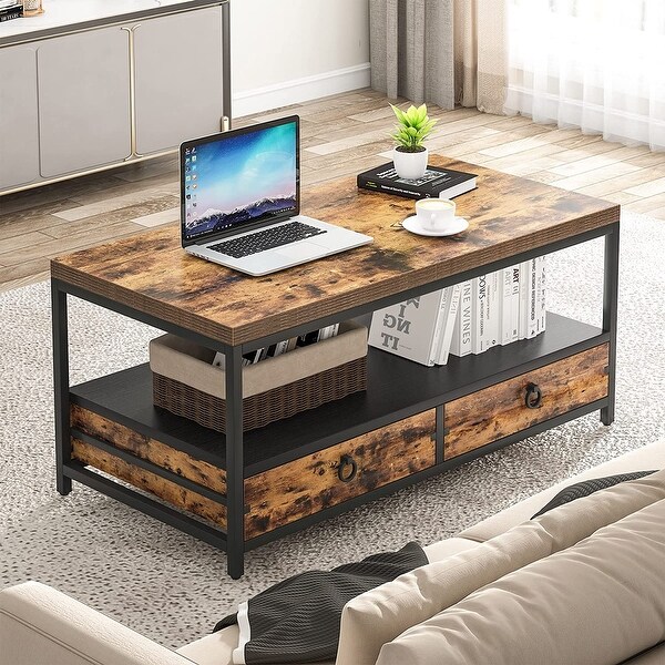 Mid-Century Coffee Table with Open Storage and Cabinet for Living Room