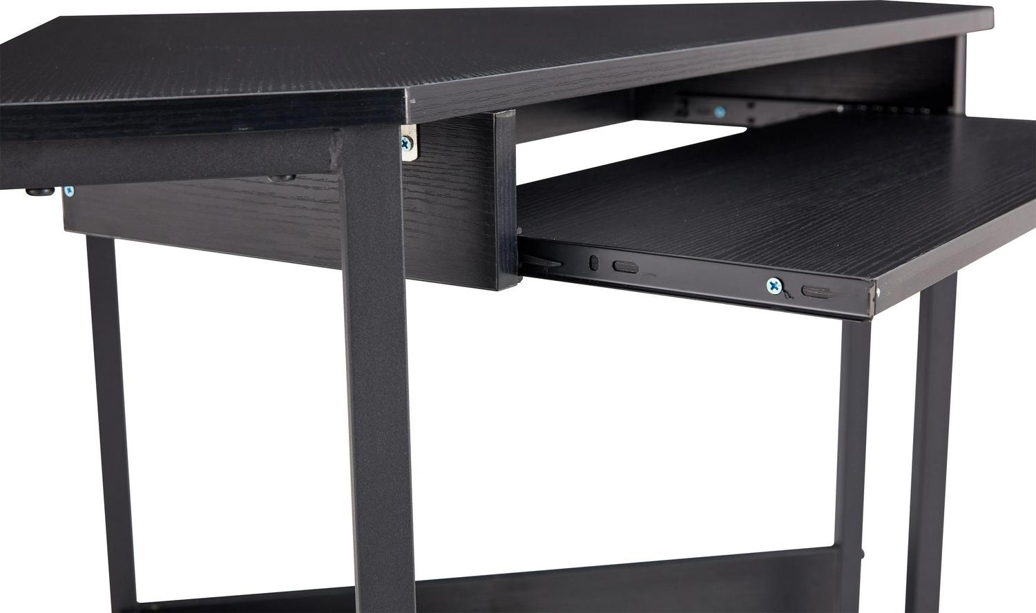 Aukfa Triangle Corner Desk- Wall Computer Desk with Keyboard Tray and Storage Shelves- Black