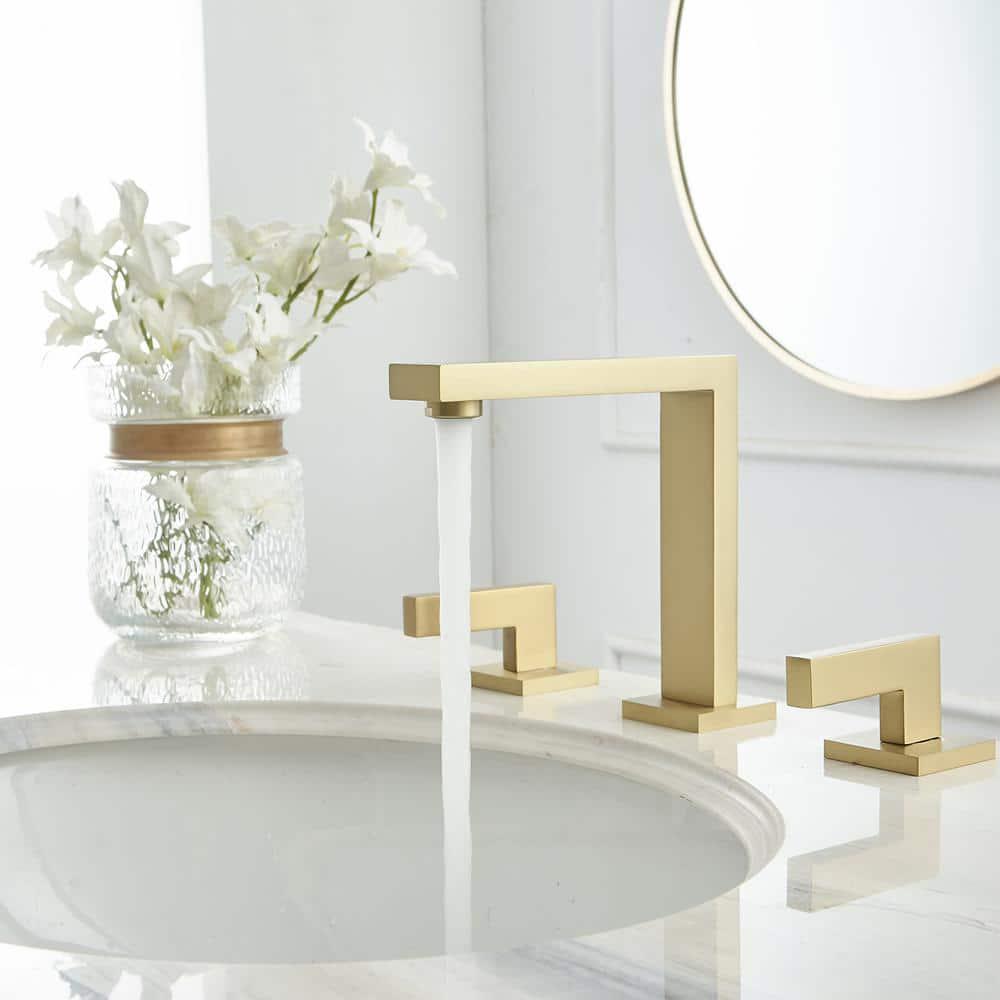 BWE 8 in Widespread Double Handle Bathroom Faucet With Supply Hose in Brushed Gold