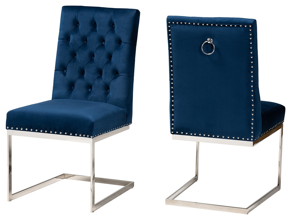 Glam and Luxe Navy Blue Velvet Fabric and Silver Metal 2 Piece Dining Chair Set   Contemporary   Dining Chairs   by Imtinanz  LLC  Houzz