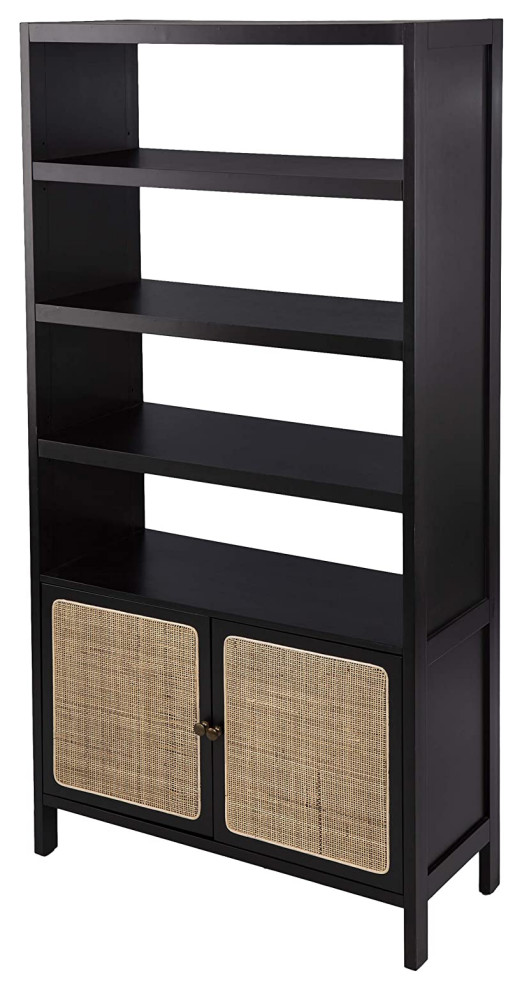 Multifunctional Bookcase  4 Open Shelves and Cabinet With Rattan Doors  Black   Contemporary   Bookcases   by Decorn  Houzz