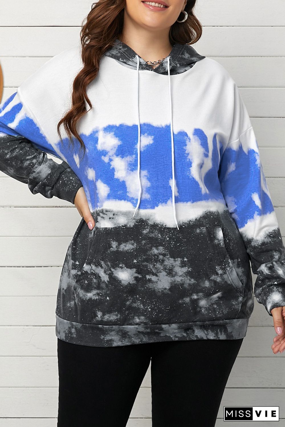 Blue Gradient Colorblock Pullover Plus Size Hoodie