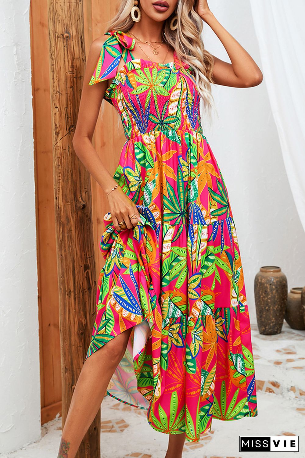 Smocked Tie Strap Tiered Floral Maxi Dress