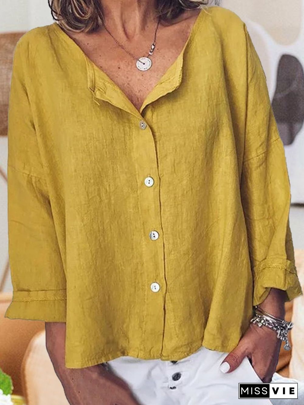 Long Sleeve Solid Shirts Plus Size Blouses Linen