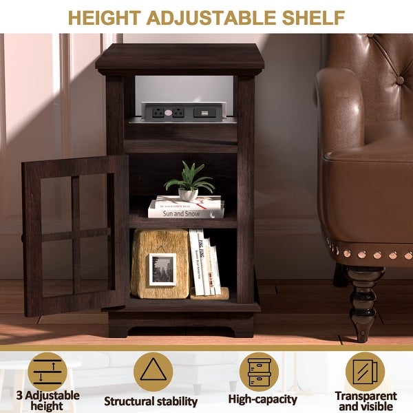 Side Table with Charging Station， Storage End Table， Bedside Table with USB Ports and Outlets，