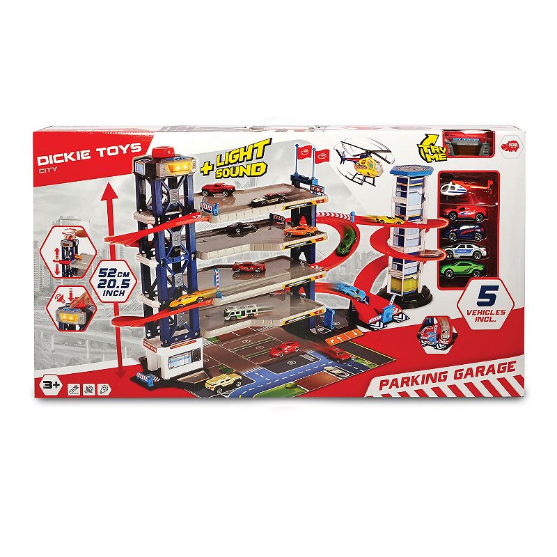 Dickie Toys Parking Garage Playset With 4 Die-Cast Cars And Die-Cast Helicopter