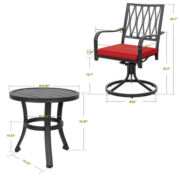 Nuu Garden 3Piece Outdoor Patio Bistro Set，Swivel Chairs with Red Cushions and Round Iron Bistro Table，Black