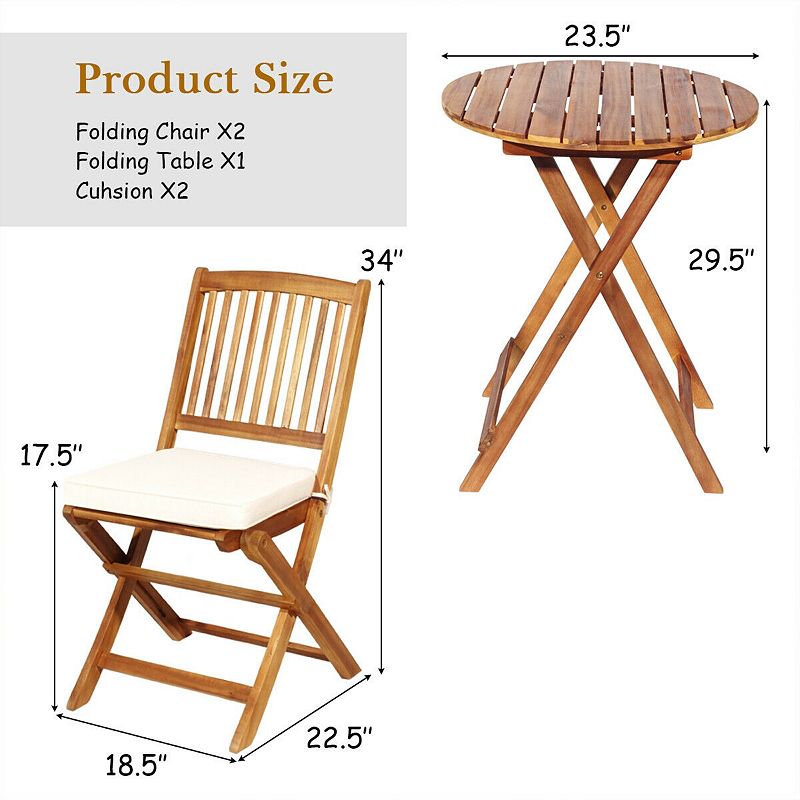 3 Pieces Patio Folding Bistro Set with Padded Cushion and Round Coffee Table