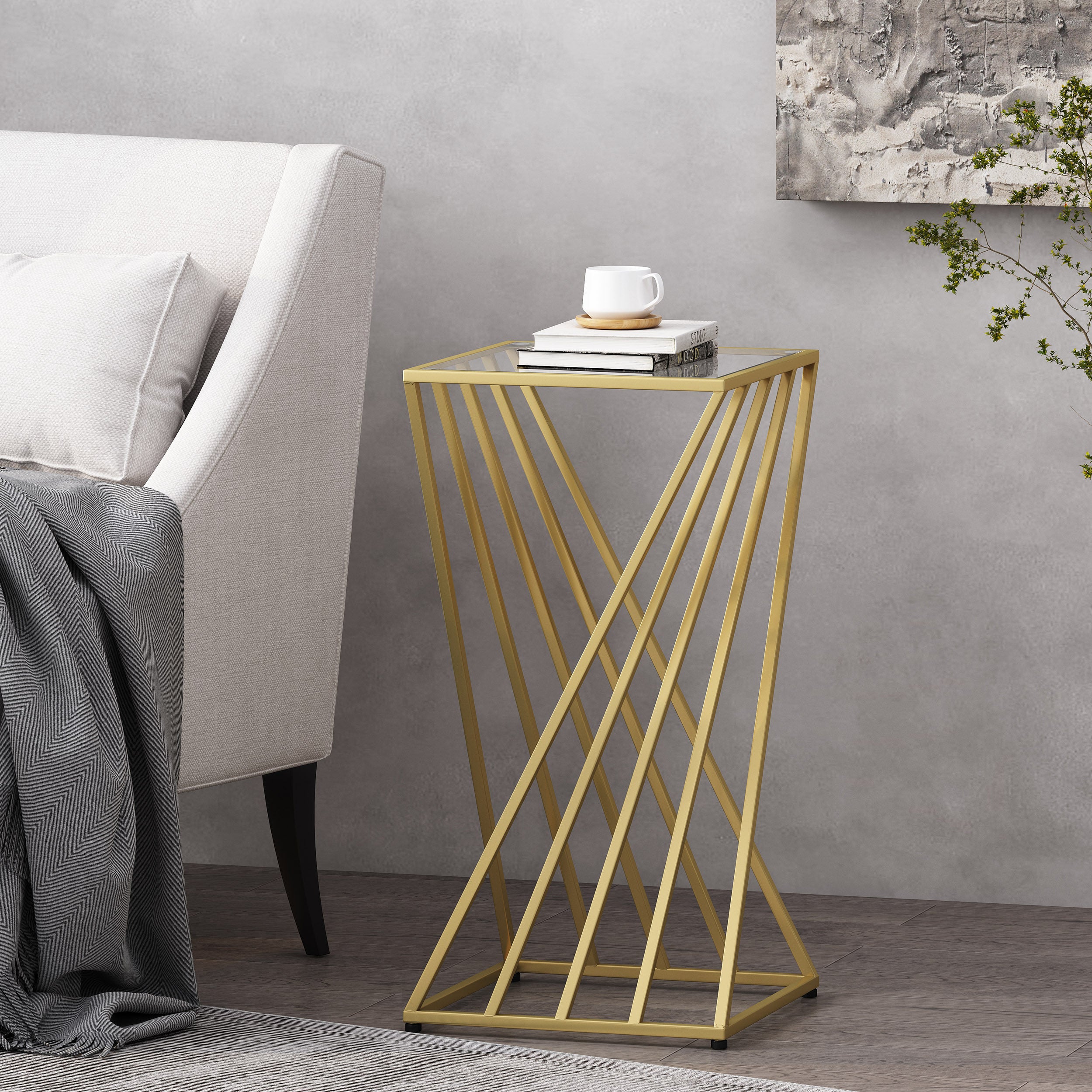 Raintree Modern Glam Glass Top End Table, Champagne Gold