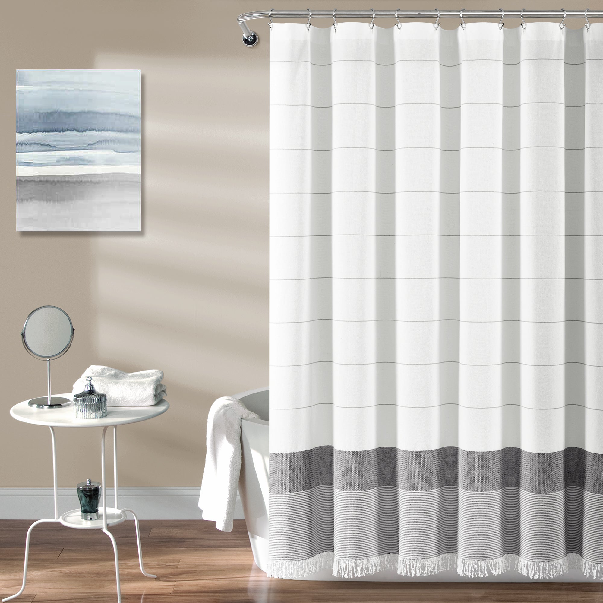 Stripe Yarn Dyed Tassel Fringe Woven Cotton Shower Curtain