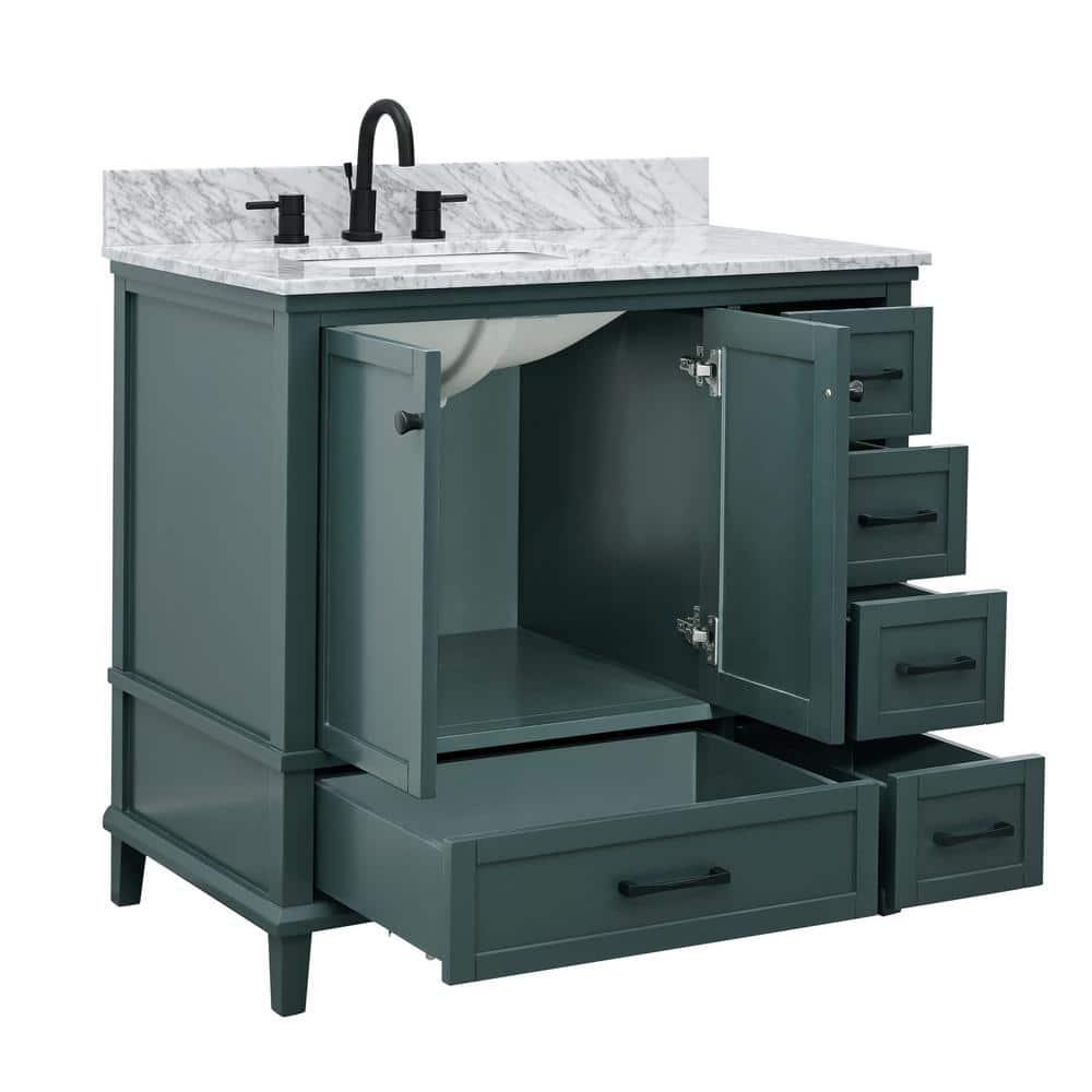 Home Decorators Collection Merryfield 37 in W x 22 in D x 35 in H Bathroom Vanity in Antigua Green with Carrara White Marble Top