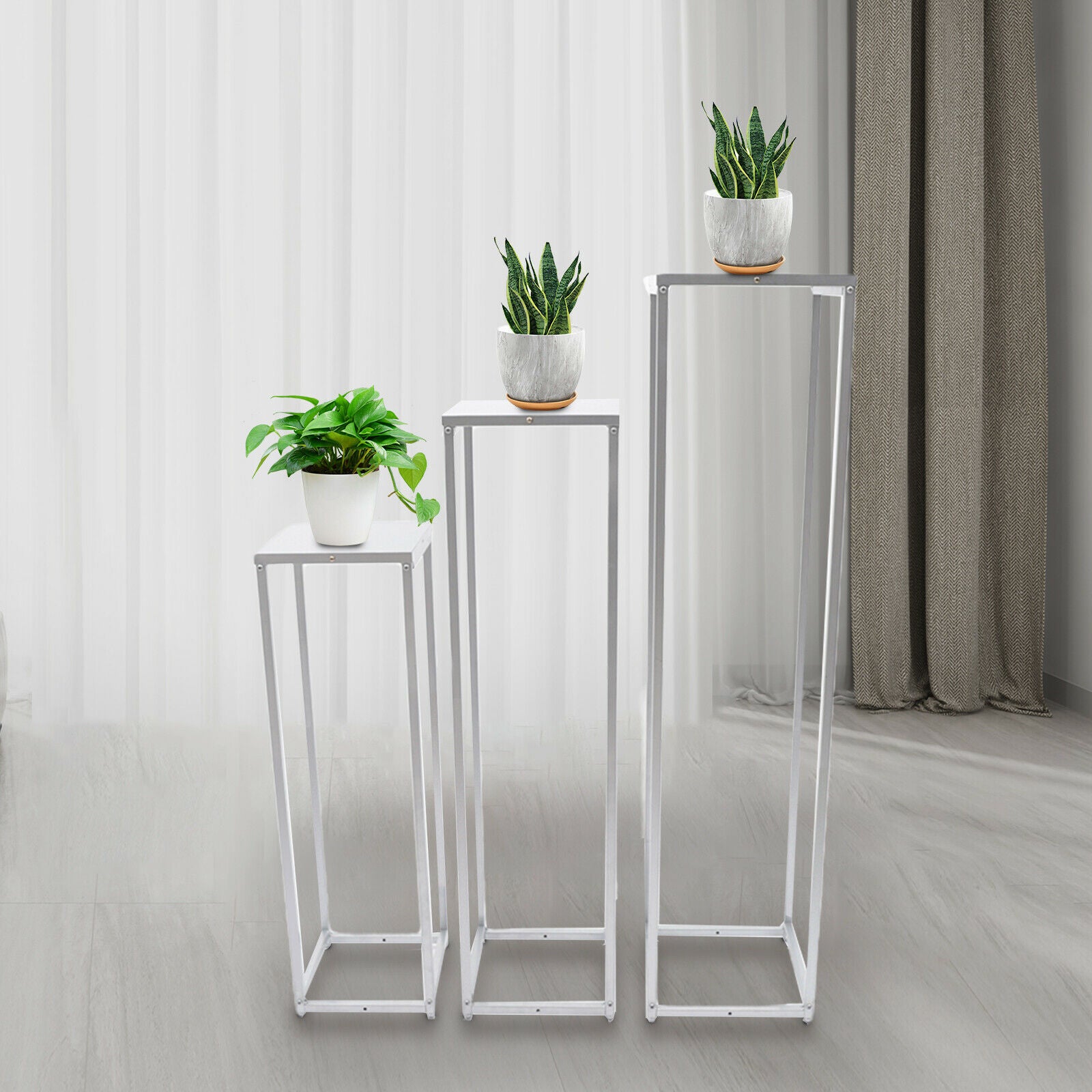 Oukaning 3 Pcs Flower Pot Holder Plant Shelf Square Potted Storage Stand Patio Metal Rack