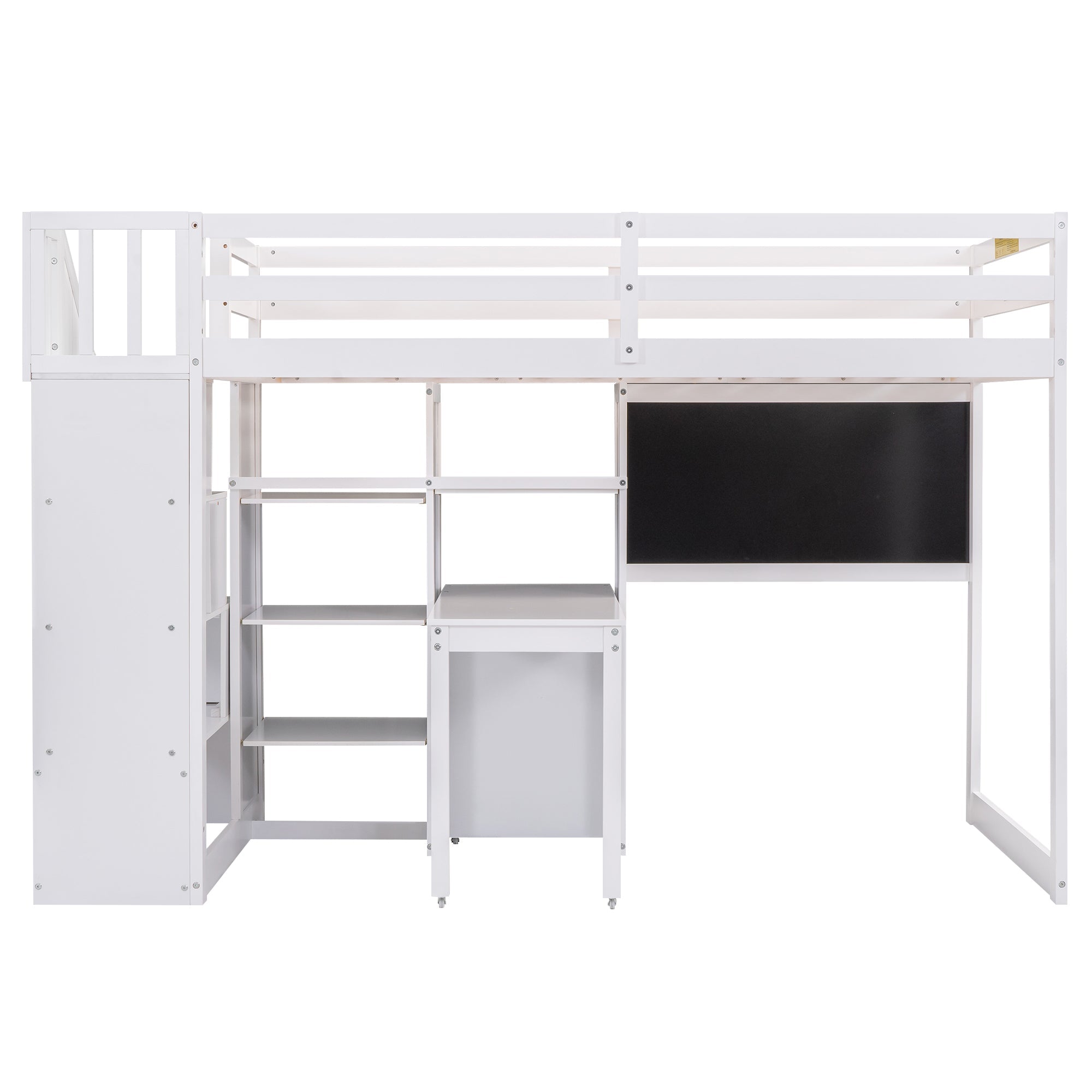 Pine Wood Loft Bed with Storage Staircase, Desk, Drawers and Blackboard for Kids, Twin, White