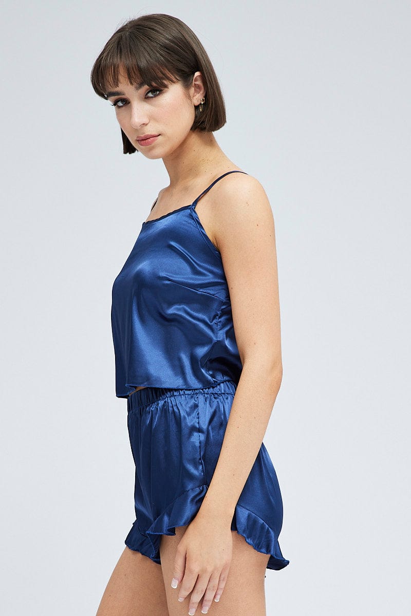 Blue Satin Cami And Ruffle Shorts Pyjama Set