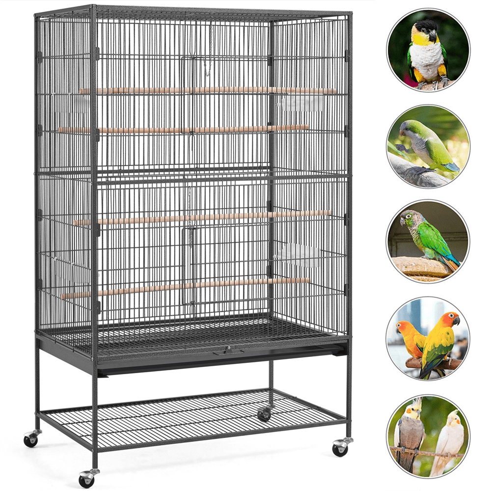 SMILE MART 60.5″H Extra-Large Wrought Iron Parrot Cage with Stand for Small/Medium-Sized Birds， Black