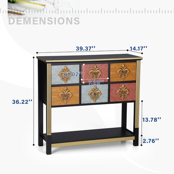 6-Drawer Royal Flower Console Table with Bottom Shelf