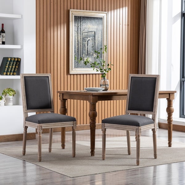 French Style Solid Wood Frame Antique Painting Linen Fabric Square Back Dining Chair(Set of 2)