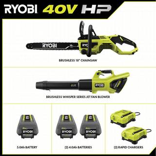 RYOBI 40V HP Brushless 18 in. Battery Chainsaw and 190 MPH 730CFM Battery Leaf Blower w (3) Batteries (2) Chargers RY40580-BLW